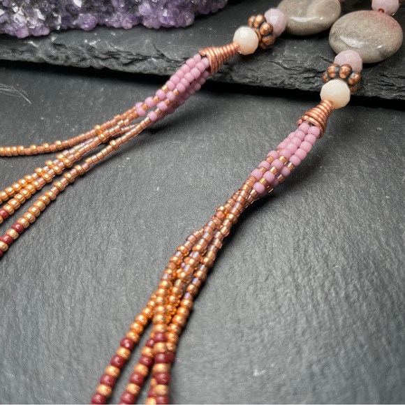 Artisan Jewelry - CCO REDUCED Elegant Gray And Pink Agate Beaded Dangle Fringe Earrings